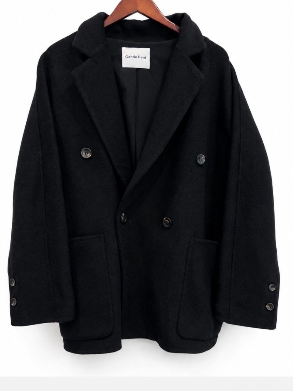 Gentle Herd Coat, Black Wool Peaked Lapel Oversized Overcoat Medium Size M